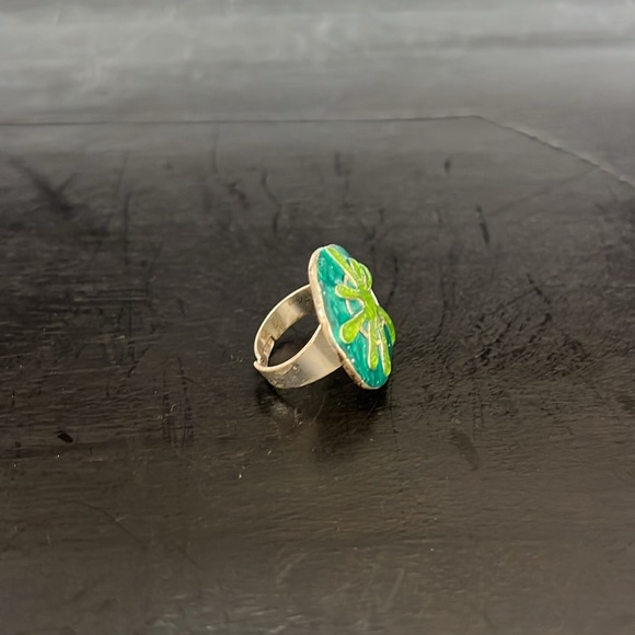 IKITA Paris ring silver toned tolurqoise green adjustable round circular - Picture 3 of 9